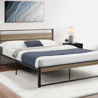 Queen Bed in Dark Taupe/Black Metal Plaform