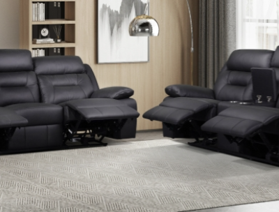 Power Motion Sofa & love with Console in Black Leather/PVC Match