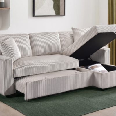 Reversible Love with Storage Chaise & pull out bed in Beige Corduroy