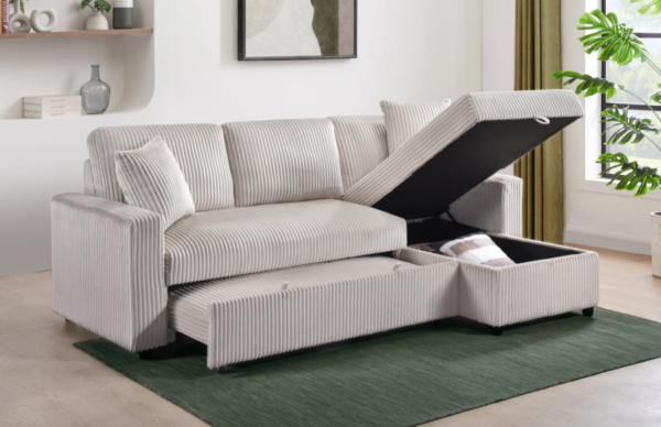 Reversible Love with Storage Chaise & pull out bed in Beige Corduroy