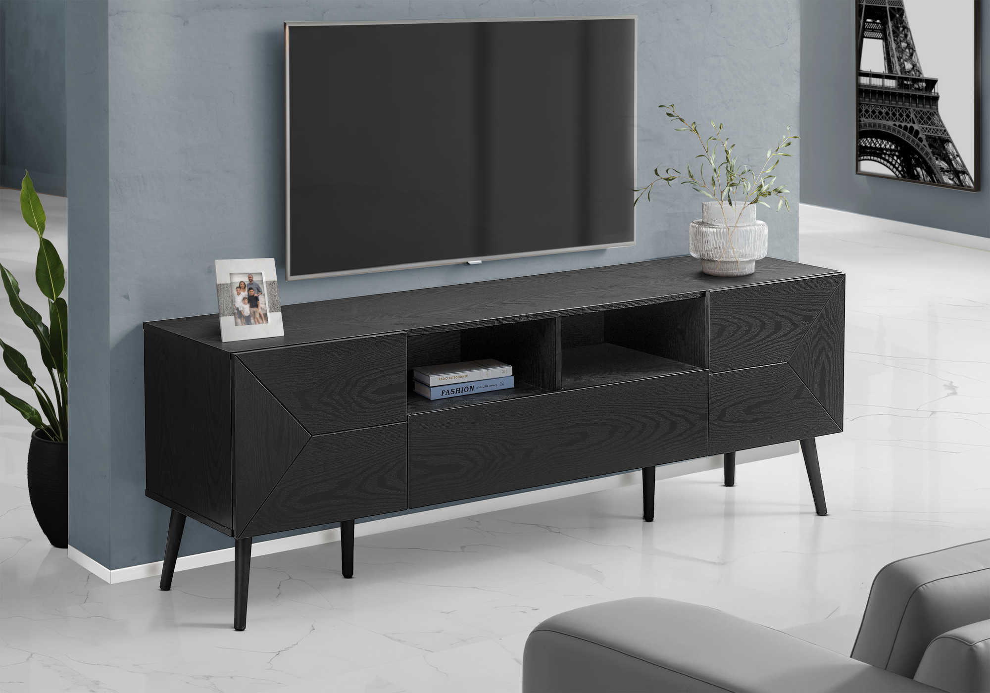TV Stand 72" Black Wood-Look with Storage