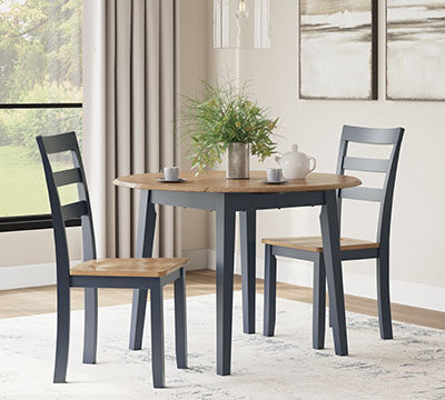3 Piece Dinette Set - Round Drop Leaf Table with 2 Chairs Nat/Blue