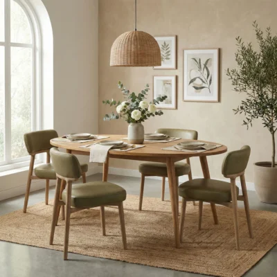 Freeform Oval Table & 4 Willow Dining Chairs in Sage Green