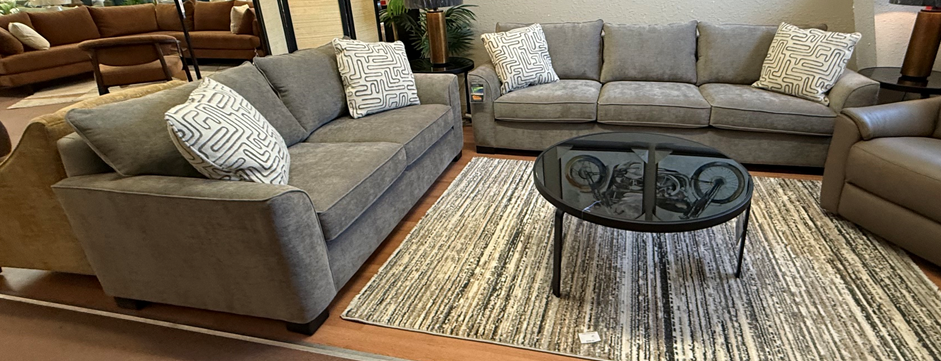 Stylus Tones Sofa & Loveseat Set c- Cody Brindle with Cisco Shitake Toss Pillows