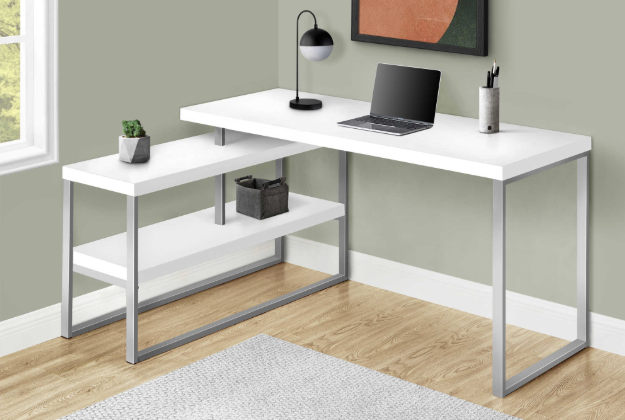 Computer Desk 60"L White & Silver L/R Corner